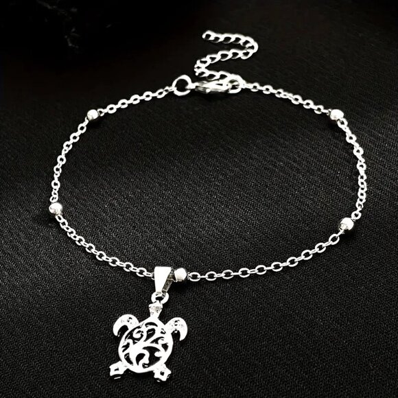 Sea Turtle Anklet Beads Dangle Beach Vacation Summer Fun Silver Boho Minimalist - Picture 2 of 4
